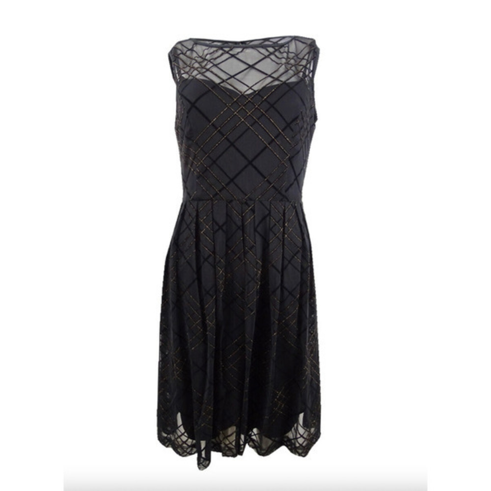 Ellen Tracy Nordstrom Black Gold Belted Fit and Flare Sleeveless Dress - Picture 8 of 13